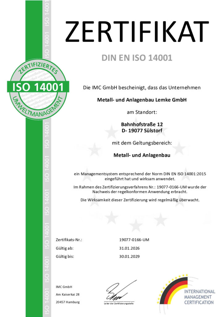 Zertifikat ISO 14001 Umweltmanagement
