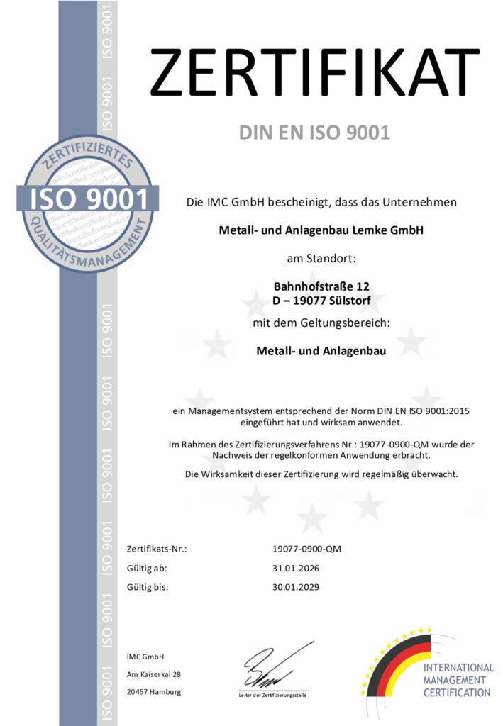 Zertifikat ISO 9001 Qualitätsmanagement